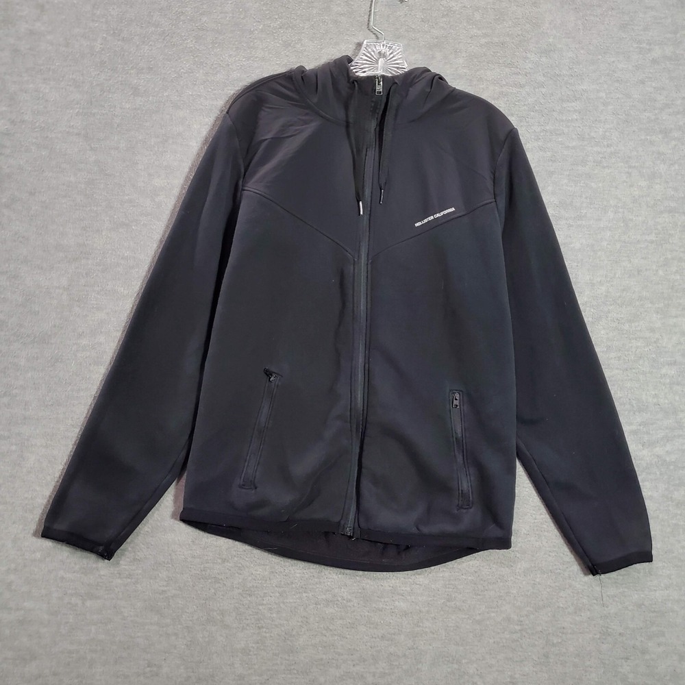 Hollister Men Sweatshirt Large Black Hoodie Full Zip‎ Fleece Drawstring Pockets